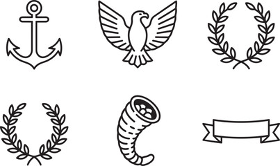 Heraldic Icons Set Featuring Symbols of Power, Victory, and Authority in Line Art Style