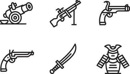 Historical Weaponry Icons Set Featuring Cannon, Musket, Flintlock Pistol, Sword, and Samurai Armor for Design