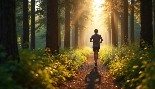 Man jogs on dirt path through sunlit forest. Tall trees line trail with green foliage. Runner moves forward, shadows cast long on ground. Peaceful nature scene.