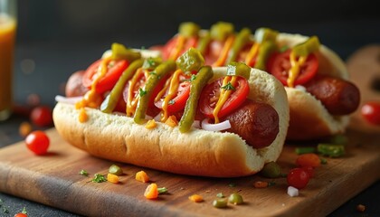 Two Chicago style hotdogs placed on wood board. Each hot dog is topped with mustard pickle relish and tomato. American fast food concept. Culinary theme of tasty snack close up.