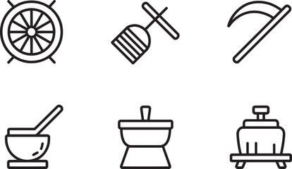 Set of Linear Style Icons Representing Various Ancient Tools and Utensils on a Transparent Background