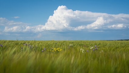 Fototapeta premium Green wheat field with wildflowers and beautiful cloudscape