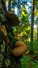 Forest fungi on a mossy tree trunk