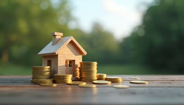 Wooden house model with stacks of gold coins on table. Concept of home investment savings and wealth building. Real estate finance growth opportunity in nature.