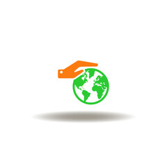 Vector illustration of care hand a earth planet. Symbol of green eco energy saving sustainable. Icon of ESG investment.