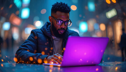 African American man with glasses types on laptop, purple glow illuminates him. Abstract digital world with blurred city lights. Future tech coding concept.