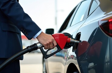 Close up of man hand fills car tank with fuel at gas station. Person in suit holds red fuel pistol, refueling automobile. Power industry and ecology. Gasoline price rising.