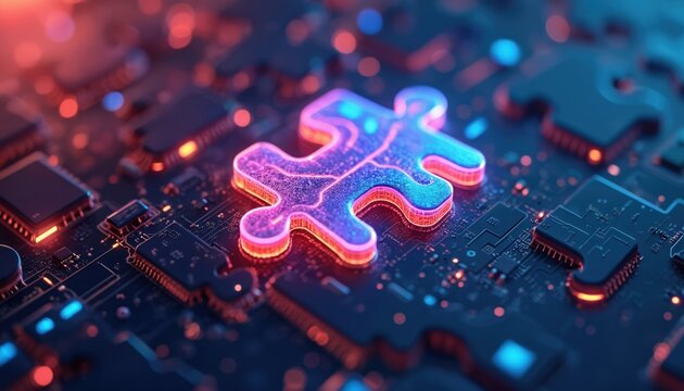 Vibrant glowing puzzle piece sits on detailed circuit board. Tech abstract shows digital connection, solution, innovation. Represents problem solving, future tech integration, AI in computing