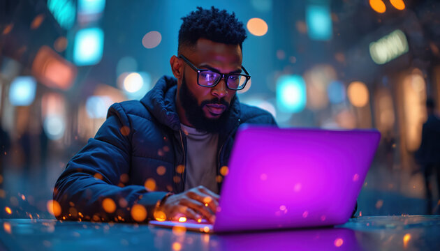 African American man with glasses types on laptop, purple glow illuminates him. Abstract digital world with blurred city lights. Future tech coding concept.