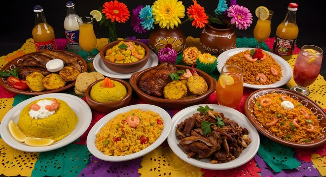 Festliches puerto-ricanisches Mahl mit Kochbananen, Reis, Fleisch und Getr&auml;nken