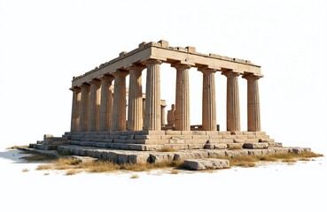 Obraz premium Ancient Greek temple ruins with columns and stone steps sit on a white background. This classical architecture evokes history, travel, and iconic landmarks.
