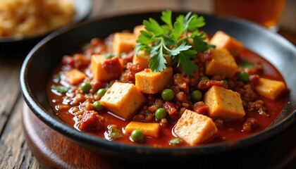 Hot spicy tofu with peas and herbs in rich red sauce on rustic wood table. Delicious Asian food preparation with chili and ginger served in dark bowl, ready for meal.