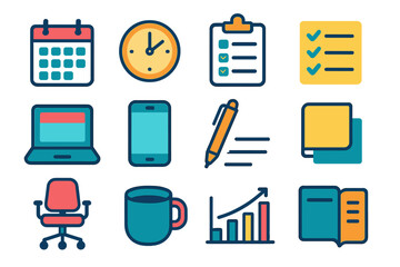 Office essentials flat icons set. featuring calendar, clock, checklist, laptop, smartphone, pen, sticky notes