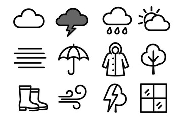 Weather conditions linear icon set. featuring cloud, storm, rain, sun, wind, umbrella, tree, boots, lightning, window