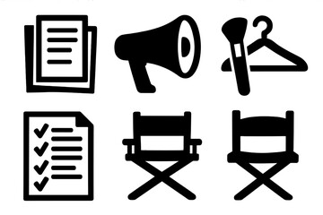 Theater and production silhouette icon set. featuring script, megaphone, makeup, hanger, checklist, and director's chair symbols
