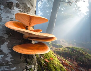 Forest mushrooms bathed in sunlight