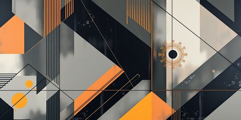 An abstract geometric background with overlapping triangles, lines, and a gear motif, in a color palette of orange, gray, and black.