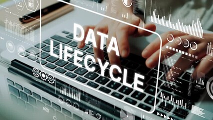 Business Professional Engaging with Data Lifecycle Concept on Laptop with Digital Analytics and Statistical Graphics. Asymptotic smart data analytic. - Powered by Adobe