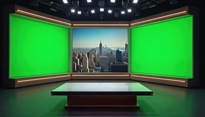 Empty modern virtual broadcast studio set. Two large green screen panels flank central city skyline display. Sleek dark presentation table awaits host speaker. Bright overhead lights illuminate high