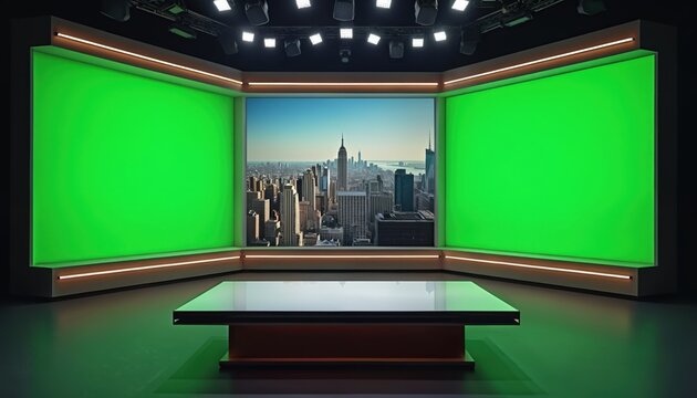 Empty modern virtual broadcast studio set. Two large green screen panels flank central city skyline display. Sleek dark presentation table awaits host speaker. Bright overhead lights illuminate high - Powered by Adobe