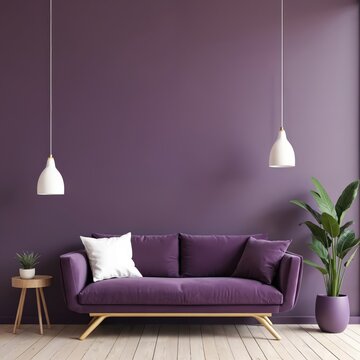 Modern living room interior features vibrant purple wall, comfortable velvet sofa. Stylish white pendant lights illuminate inviting space. Wooden side table with small succulent, large floor plant