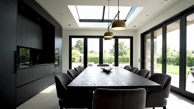 Modern black kitchen design featuring sleek cabinetry marble island and brass fixtures with natural light from skylight and large windows