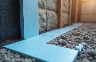 Foundation thermal insulation basement. Waterproofing membrane. Blue styrofoam sheets protect basement. Wall insulation with damp proofing. Construction site prep for house building. Energy saving