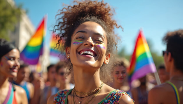 Woman laughs happily with rainbow face paint at pride parade. People wave lgbt flags celebrating diversity and joy on sunny day. Community gathers with positive energy. - Powered by Adobe