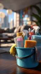 Teal Bucket Full Of Colorful Cleaning Supplies In Modern Home