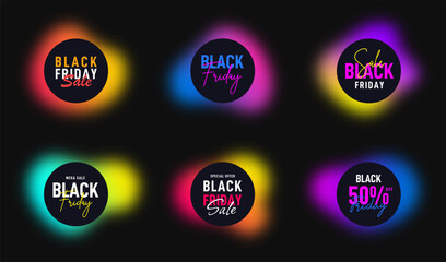 Black Friday sale banner collection. Abstract blurred shapes with text Black Friday. Black Friday promotional banners in liquid shapes and in gradient vibrant colors. Vector