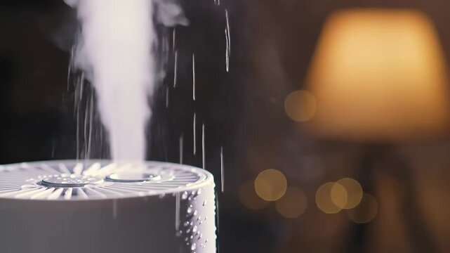 Ultrasonic aroma diffuser releasing a stream of cool mist for air humidification and aromatherapy in a cozy home