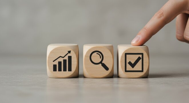 Wooden cubes with icons representing growth, search, and completion, symbolizing business success and progress