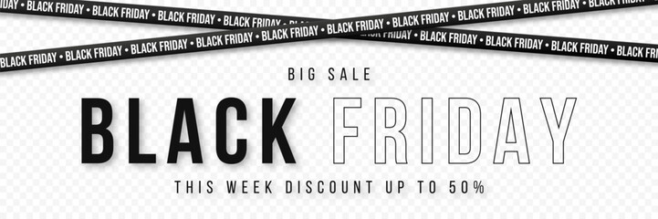 Black Friday ribbons. Crossed black ribbons and tapes with text on a transparent background. Black Friday big sale banner with text. Vector