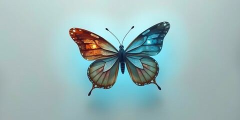 An artistic, illuminated butterfly with a striking contrast of warm orange and cool blue colors, floating against a simple background.