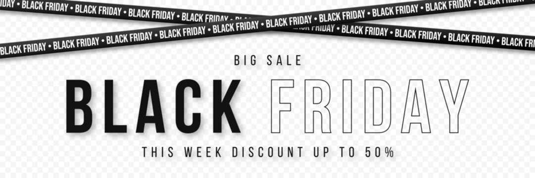 Black Friday ribbons. Crossed black ribbons and tapes with text on a transparent background. Black Friday big sale banner with text. Vector