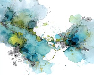 Abstract Watercolor Painting With Teal Blue And Green Colors