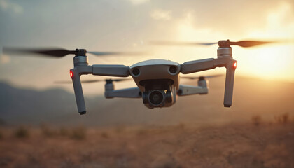 Modern drone flies over dry landscape at sunset. Unmanned aerial vehicle features camera, lights, implying surveillance photography. Aircraft grey, white with red indicator lights on arms, hovering