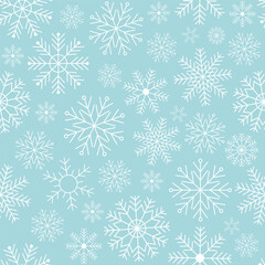 Seamless pattern of white snowflakes on a blue background. Vector illustration