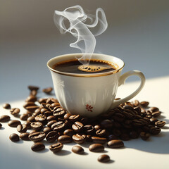 An image of a cup of warm coffee. Fresh coffee cup surrounded by beans a wooden table.