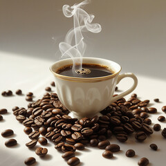 An image of a cup of warm coffee. Fresh coffee cup surrounded by beans a wooden table.