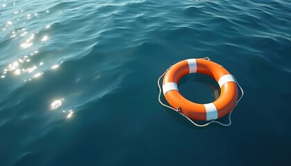 Bright orange lifebuoy floats on calm blue sea water. Sun reflections sparkle on waves surface. Safety ring help, hope, rescue, protection, security in ocean. Summer vacation travel leisure concept.