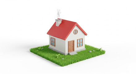 Adorable Miniature House with Red Roof on a Patch of Green Grass on an Isolated transparent background