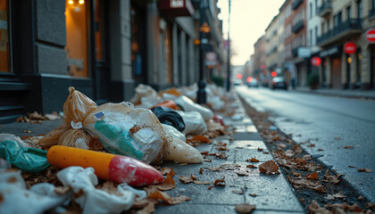 Garbage bags pile up on a city sidewalk next to street traffic. Urban neglect is evident in littered debris and rundown storefronts. An environmental issue of waste management is visible.