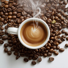 An image of a cup of warm coffee. Fresh coffee cup surrounded by beans a wooden table.