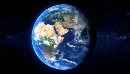 Obraz premium A vibrant, detailed globe of Earth, displaying continents, oceans, and clouds. It floats in a dark, starry expanse