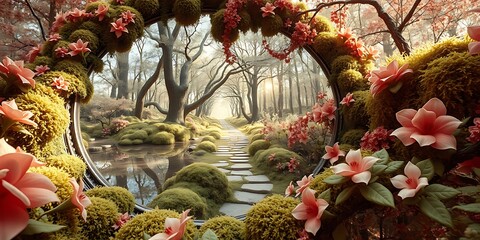 A magical garden path winds through a serene landscape with a mossy archway, pink flowers, and a tranquil pond.