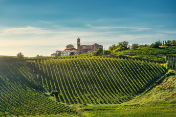 Montegrosso d'Asti village with surrounding vineyards, Piedmont, Italy
