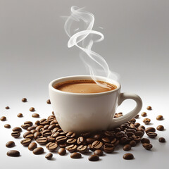 An image of a cup of warm coffee. Fresh coffee cup surrounded by beans a wooden table.
