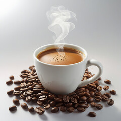 An image of a cup of warm coffee. Fresh coffee cup surrounded by beans a wooden table.