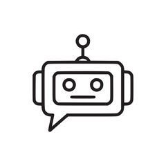 Illustration of a robot head with a speech bubble the robot has a square head with rounded corners, two eyes, and a mouth there is an antenna on top of the head, and the speech bubble is coming out of
